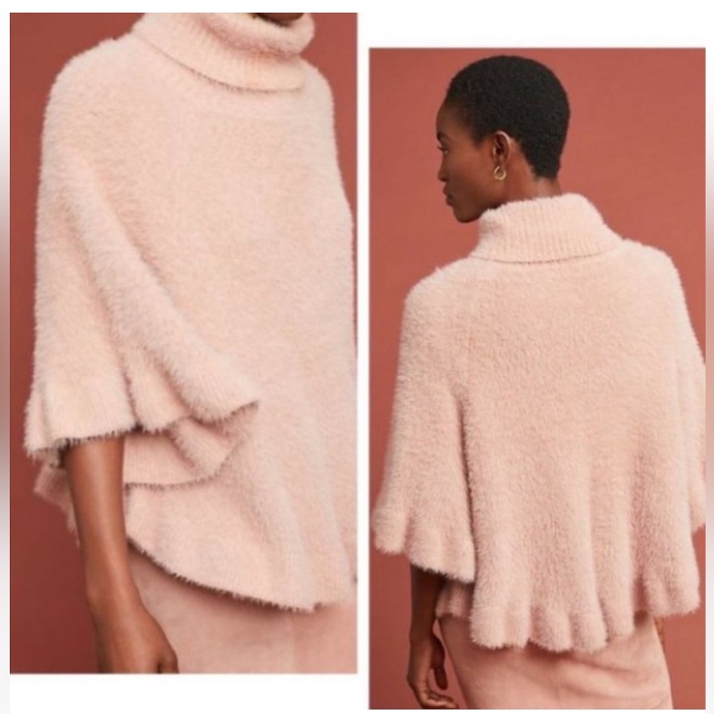 ANTHROPOLOGIE Falling Snow Eyelash Fuzzy Ruffled Pink Poncho Pullover Sweater OS